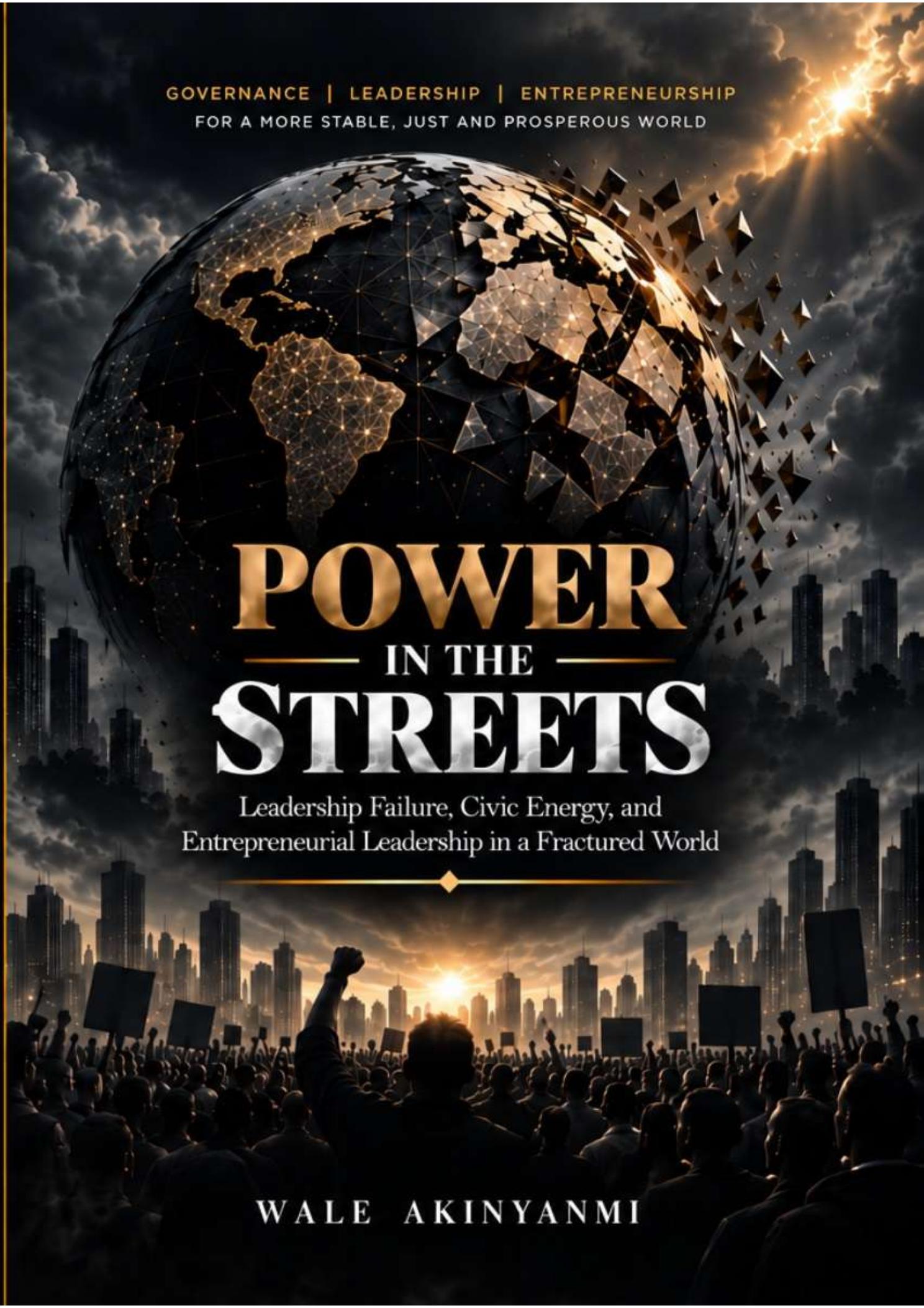 Power in the Streets, by Wale Akinyanmi — a globe above a city and a crowd of people